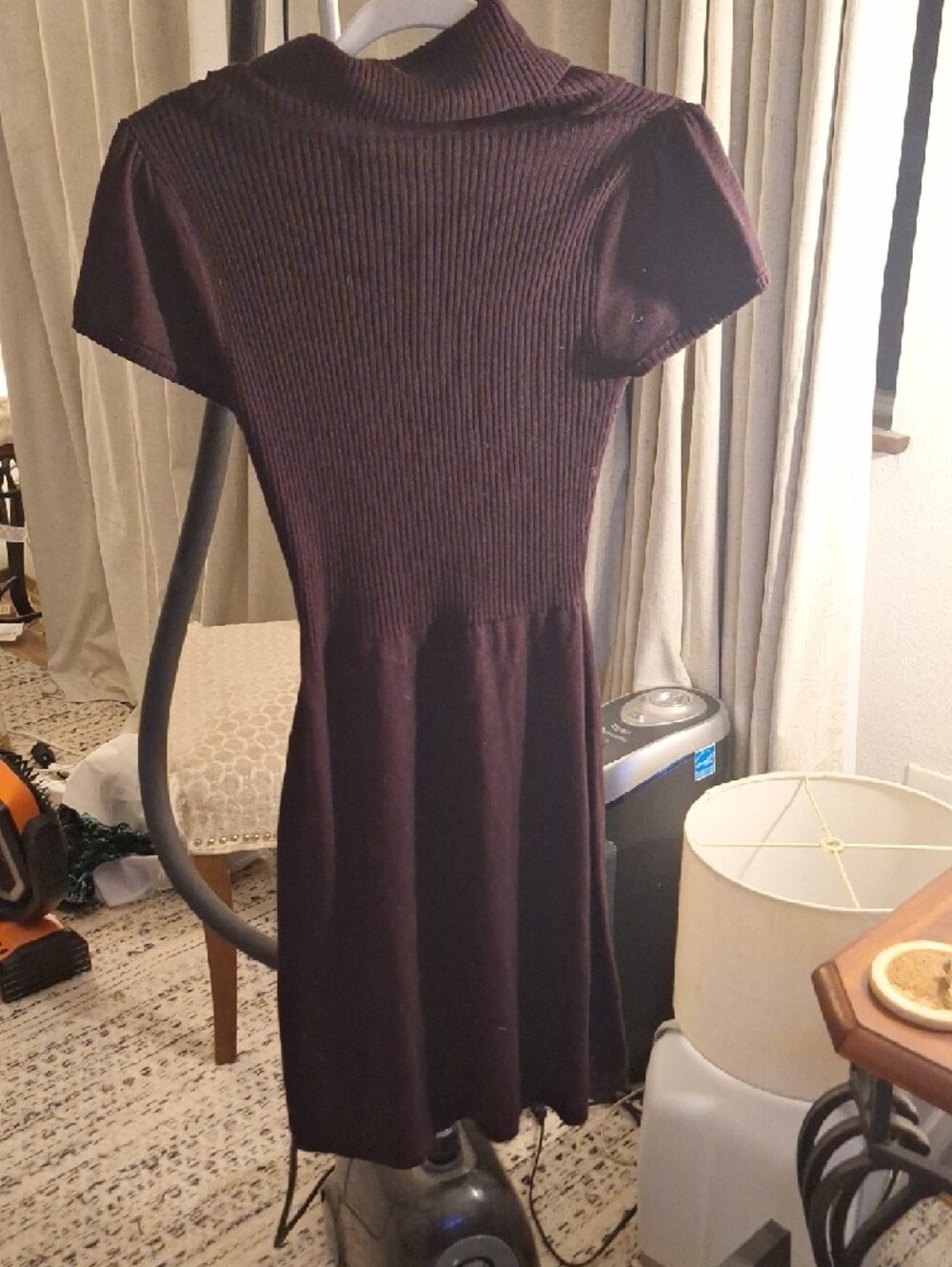 Calvin Klein Ribbed Cowl Neck Dress in Deep Wine - Picture 2 of 2